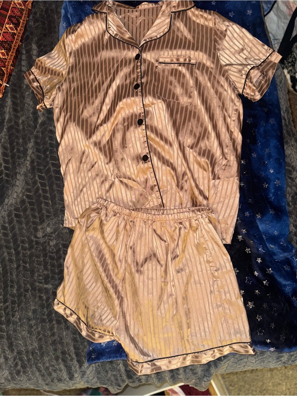 Satin Striped Short Sleeve Pajama Set - Champagne